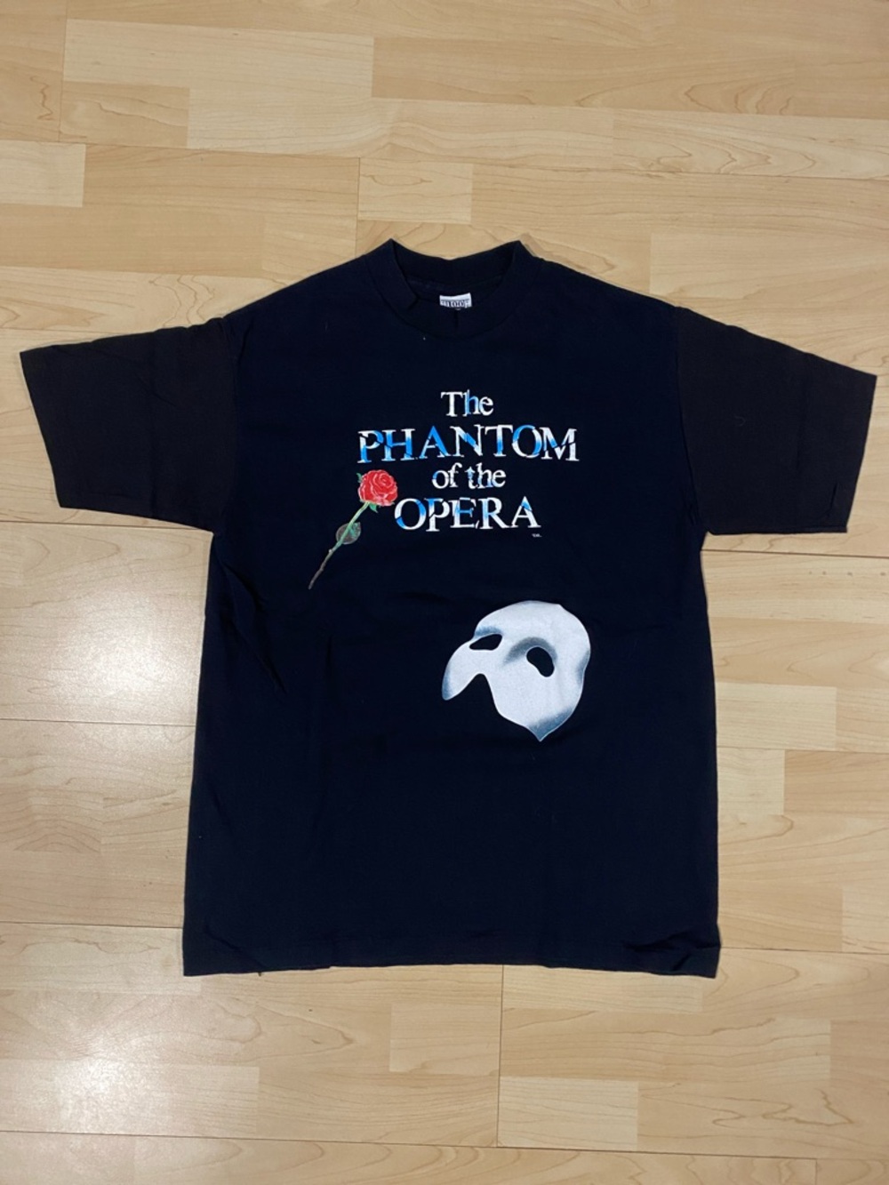 Vintage The Phantom of the Opera Graphic Tee - Black with White Mask & Red Rose